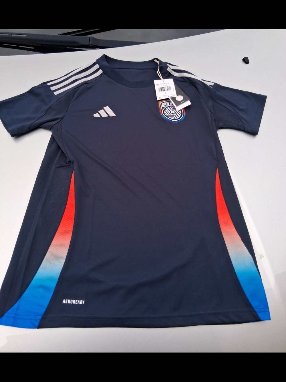 adidas Navy Blue Kids Soccer Jersey with Red & Blue Gradient Side Panels